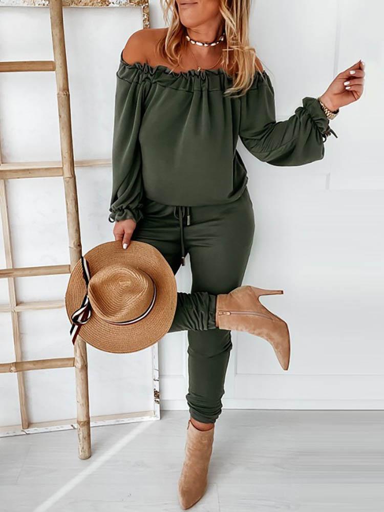 Off Shoulder Long Sleeve Drawstring Frill Hem Jumpsuit - Jumpsuits & Rompers - INS | Online Fashion Free Shipping Clothing, Dresses, Tops, Shoes - 29/04/2021 - Color_ Army Green - Color_Black