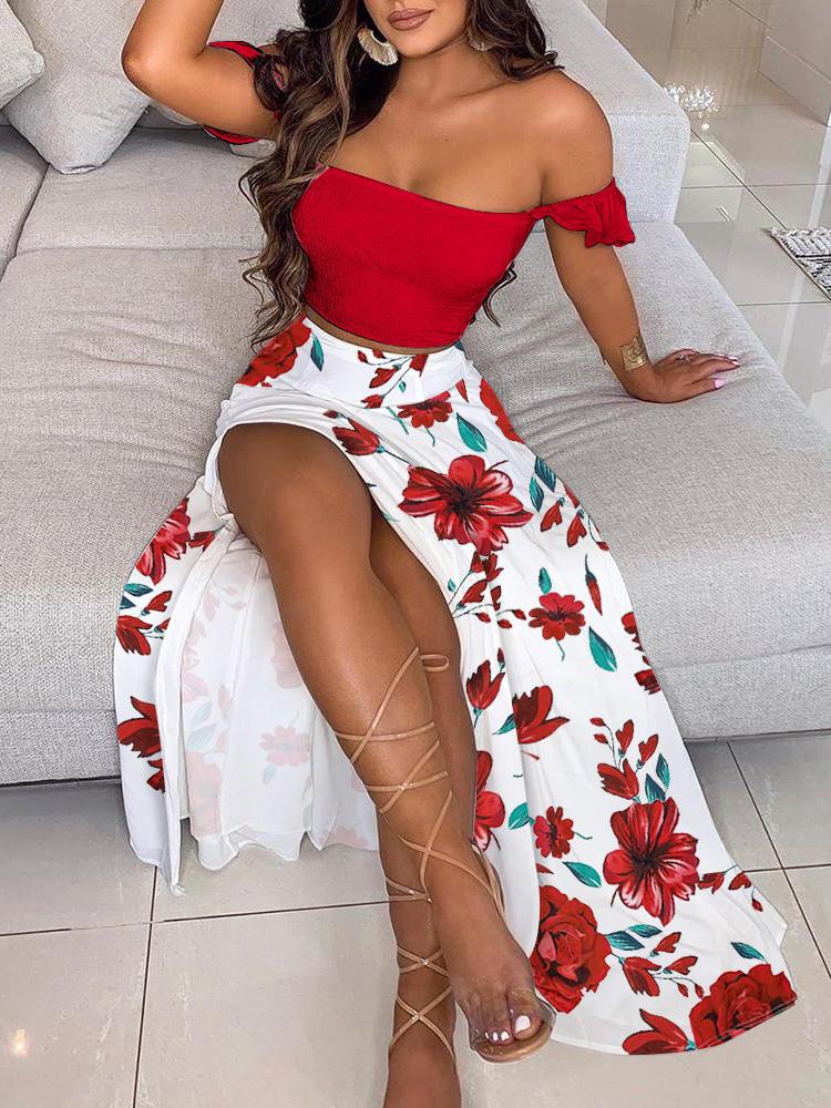 Off Shoulder Ruffles Top & Floral Print High Slit Skirt Set - Two-piece Outfits - INS | Online Fashion Free Shipping Clothing, Dresses, Tops, Shoes - 28/04/2021 - Color_Red - DRE210428087
