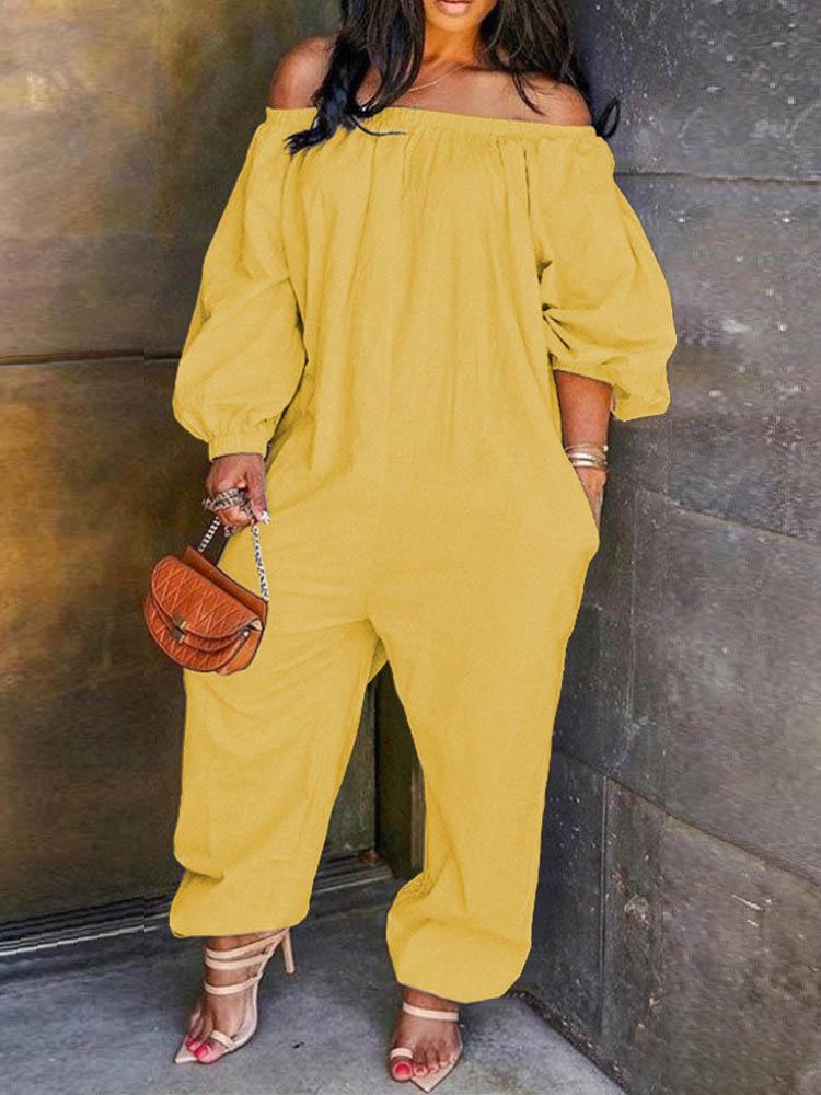 Off Shoulder Solid Lantern Sleeve Jumpsuit - Jumpsuits & Rompers - INS | Online Fashion Free Shipping Clothing, Dresses, Tops, Shoes - 29/04/2021 - Color_Black - Color_Green