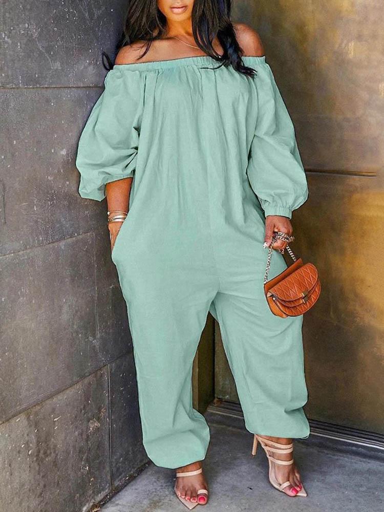 Off Shoulder Solid Lantern Sleeve Jumpsuit - Jumpsuits & Rompers - INS | Online Fashion Free Shipping Clothing, Dresses, Tops, Shoes - 29/04/2021 - Color_Black - Color_Green