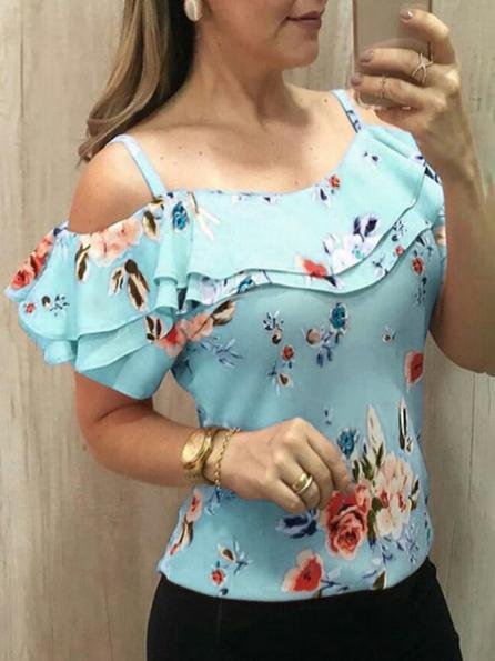 Off Shoulder Strap Print T-shirt - T-shirts - INS | Online Fashion Free Shipping Clothing, Dresses, Tops, Shoes - 07/07/2021 - 10-20 - color-blue