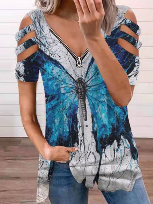 Off-the-shoulder V-neck Zip Short-sleeved Top - T-shirts - INS | Online Fashion Free Shipping Clothing, Dresses, Tops, Shoes - 09/06/2021 - Color_Black - Color_White