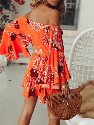 One-line Neck Long Sleeve Printed Dress - Mini Dresses - INS | Online Fashion Free Shipping Clothing, Dresses, Tops, Shoes - 19/06/2021 - 30-40 - color-orange