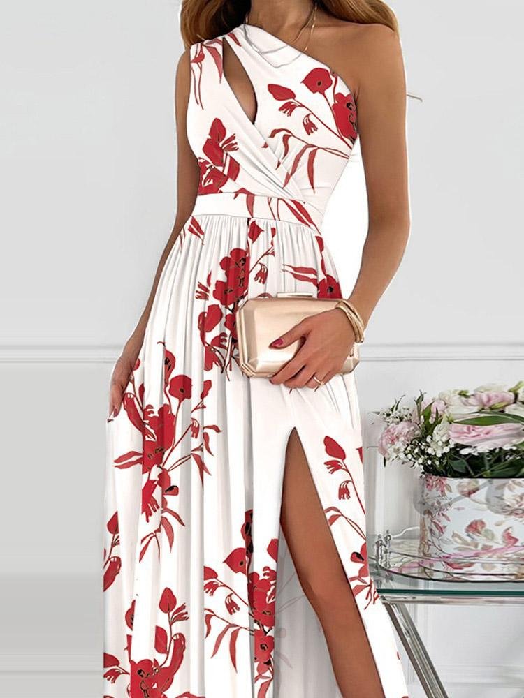 One-Shoulder Hollow High Slit Print Maxi Dress - Maxi Dresses - INS | Online Fashion Free Shipping Clothing, Dresses, Tops, Shoes - 30-40 - 30/07/2021 - Category_Maxi Dresses