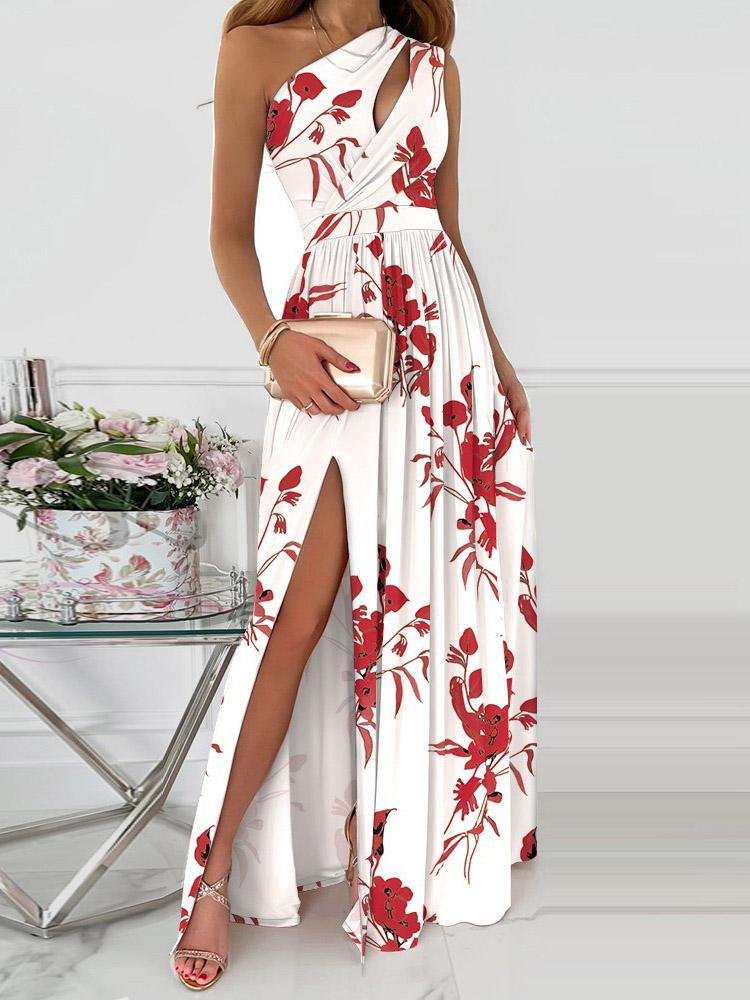 One-Shoulder Hollow High Slit Print Maxi Dress - Maxi Dresses - INS | Online Fashion Free Shipping Clothing, Dresses, Tops, Shoes - 30-40 - 30/07/2021 - Category_Maxi Dresses