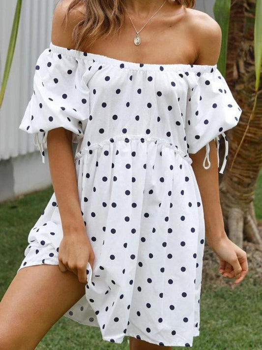 One Shoulder Loose Polka Dot Dress - Mini Dresses - INS | Online Fashion Free Shipping Clothing, Dresses, Tops, Shoes - 04/06/2021 - Category_Mini Dresses - Color_White