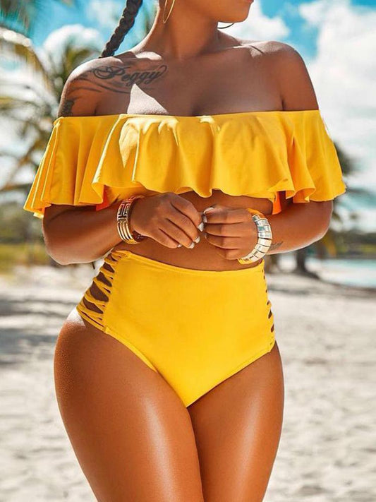 One Shoulder Ruffled Ladder Cutout Bikini - Bikinis - INS | Online Fashion Free Shipping Clothing, Dresses, Tops, Shoes - 26/04/2021 - BIK210427038 - Bikinis