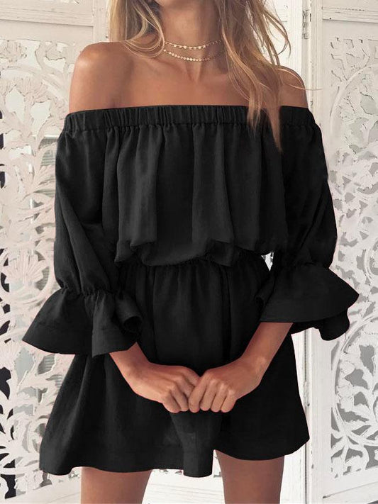 One shoulder Waisted Three-quarter Sleeve Dress - Mini Dresses - INS | Online Fashion Free Shipping Clothing, Dresses, Tops, Shoes - 04/06/2021 - Category_Mini Dresses - Color_Black