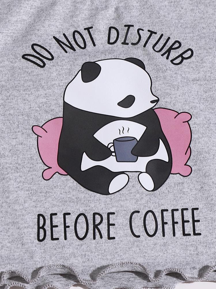 Panda And Slogan Graphic Lettuce Trim Pajama Set - Pajamas - INS | Online Fashion Free Shipping Clothing, Dresses, Tops, Shoes - 24/04/2021 - Color_Gray - PAJ210424004