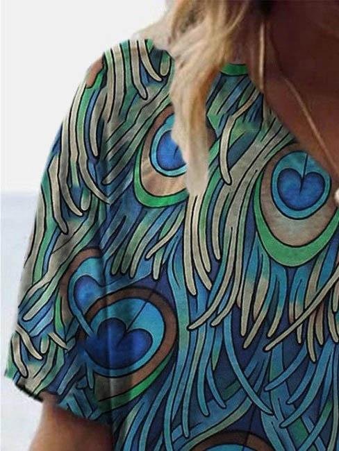 Peacock Feather Print Short-sleeved T-shirt - T-shirts - INS | Online Fashion Free Shipping Clothing, Dresses, Tops, Shoes - 09/06/2021 - Color_Blue - Size_2XL