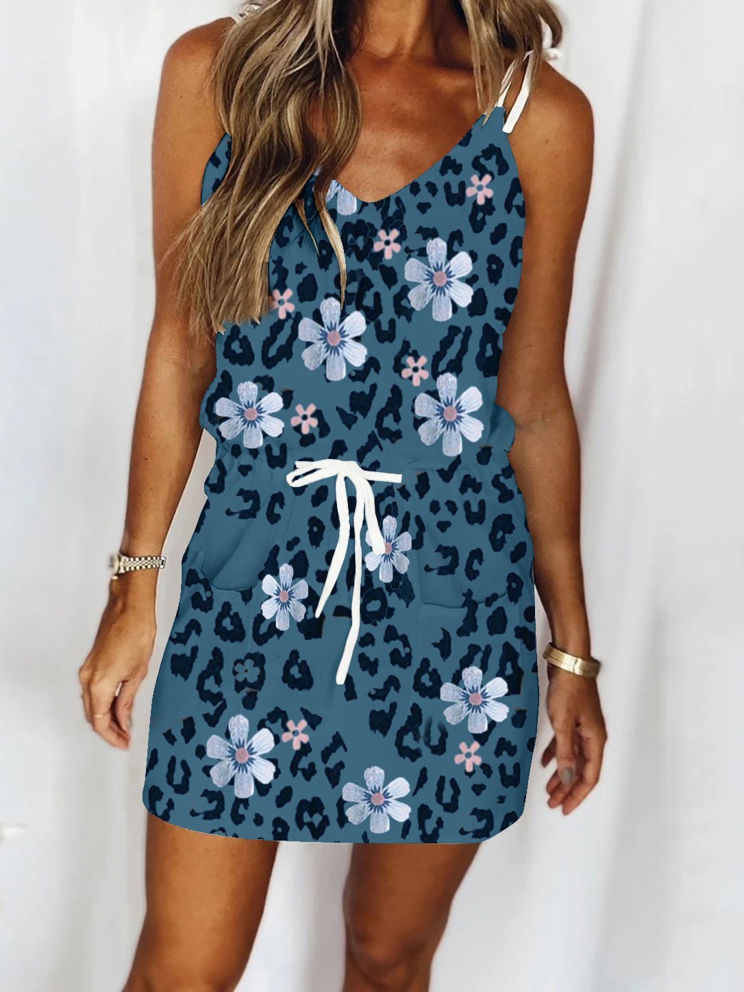 Petal Print Drawstring Sleeveless A-line Skirt - Mini Dresses - INS | Online Fashion Free Shipping Clothing, Dresses, Tops, Shoes - 11/06/2021 - Color_Blue - Color_Red
