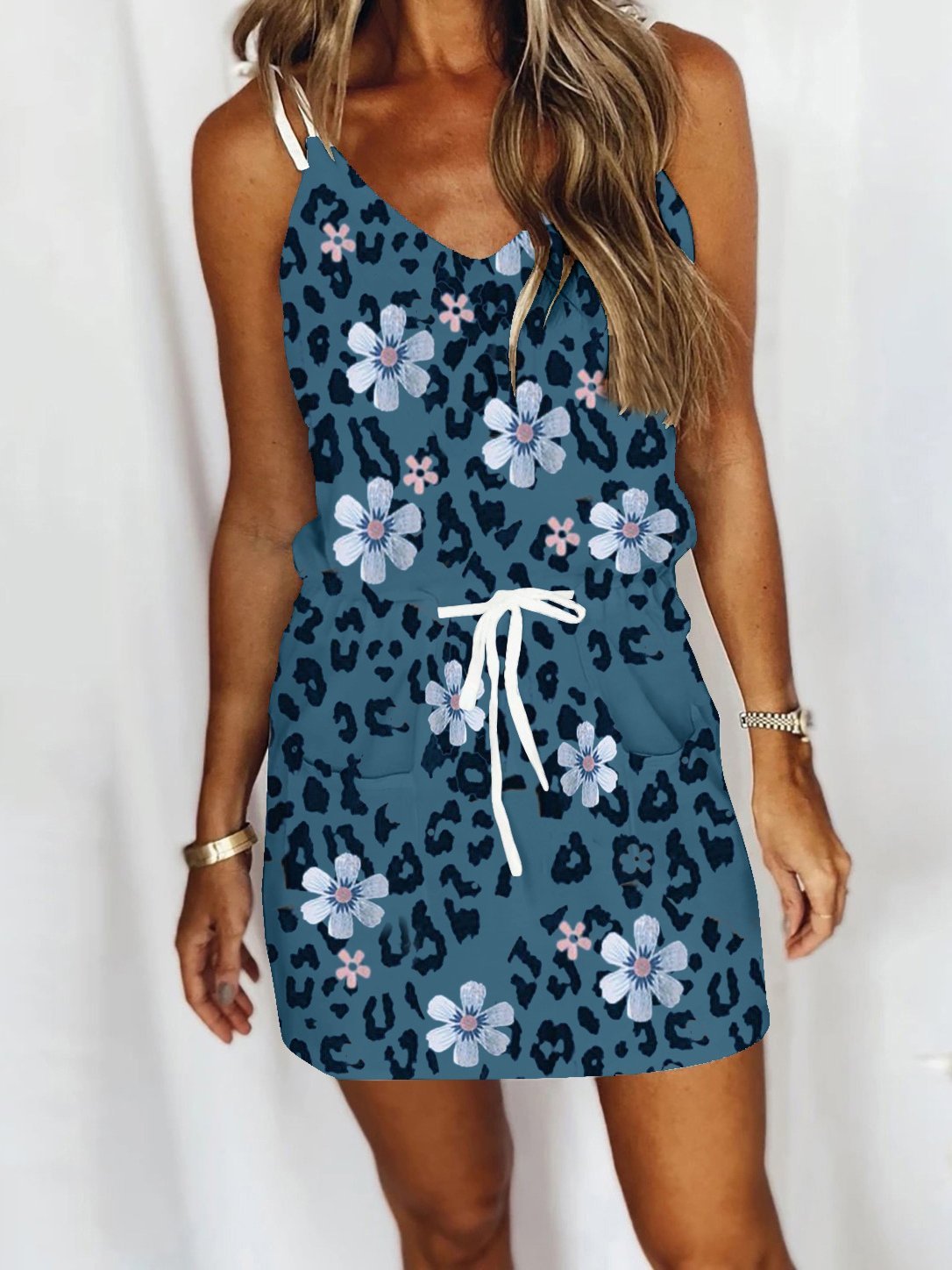Petal Print Drawstring Sleeveless A-line Skirt - Mini Dresses - INS | Online Fashion Free Shipping Clothing, Dresses, Tops, Shoes - 11/06/2021 - Color_Blue - Color_Red