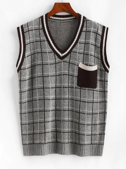 Plaid Front Pocket Striped Trim Sweater Vest - INS | Online Fashion Free Shipping Clothing, Dresses, Tops, Shoes