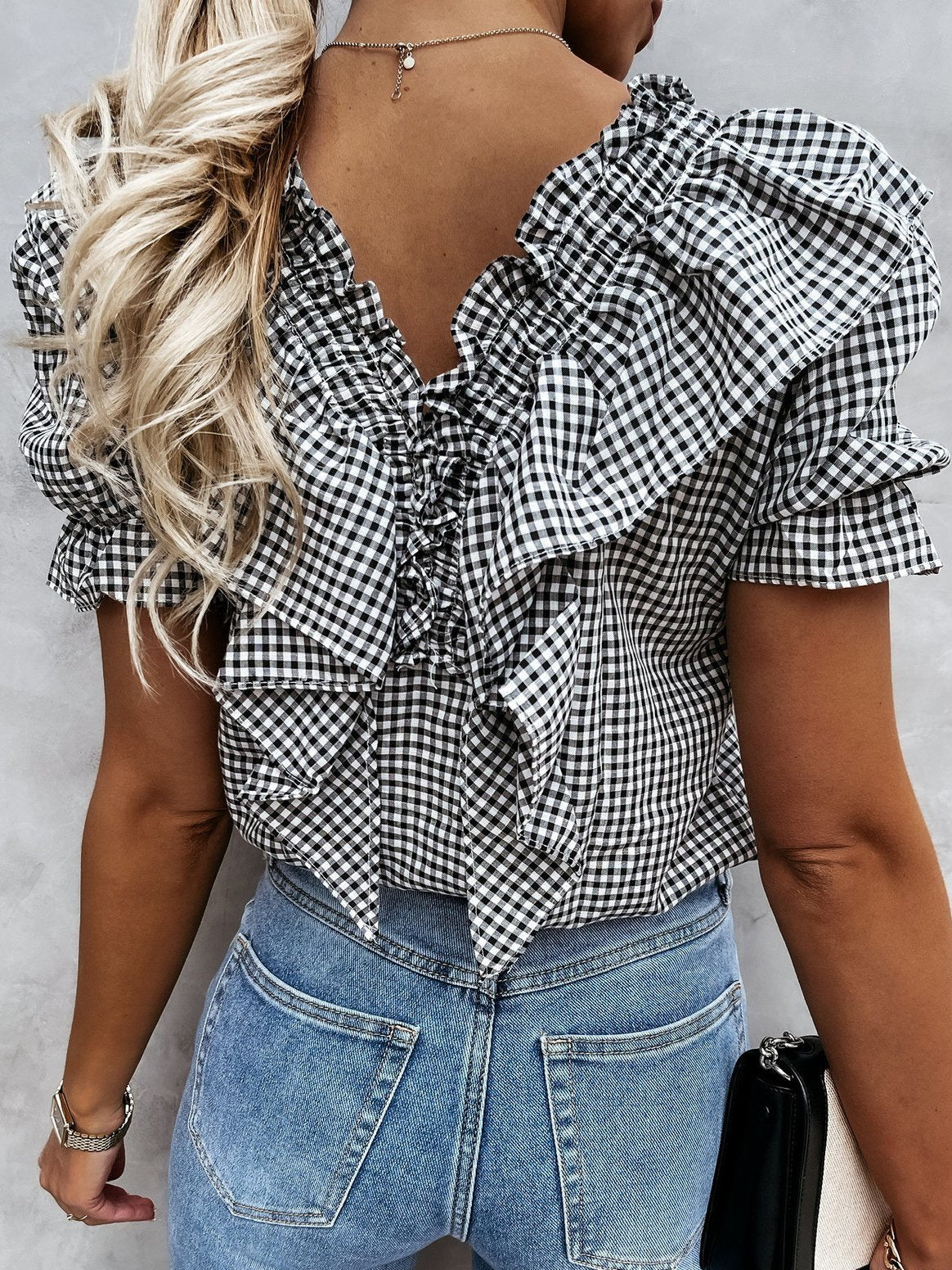 Plaid Short Sleeve V-Neck Lotus Leaf Blouses - Blouses - INS | Online Fashion Free Shipping Clothing, Dresses, Tops, Shoes - 02/07/2021 - 20-30 - BLO2107021147