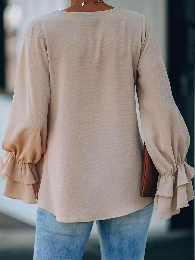Plain Ruffles Poet Sleeve Casual Top - Blouses - INS | Online Fashion Free Shipping Clothing, Dresses, Tops, Shoes - 30/04/2021 - BLO210430024 - Blouses