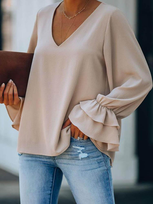 Plain Ruffles Poet Sleeve Casual Top - Blouses - INS | Online Fashion Free Shipping Clothing, Dresses, Tops, Shoes - 30/04/2021 - BLO210430024 - Blouses