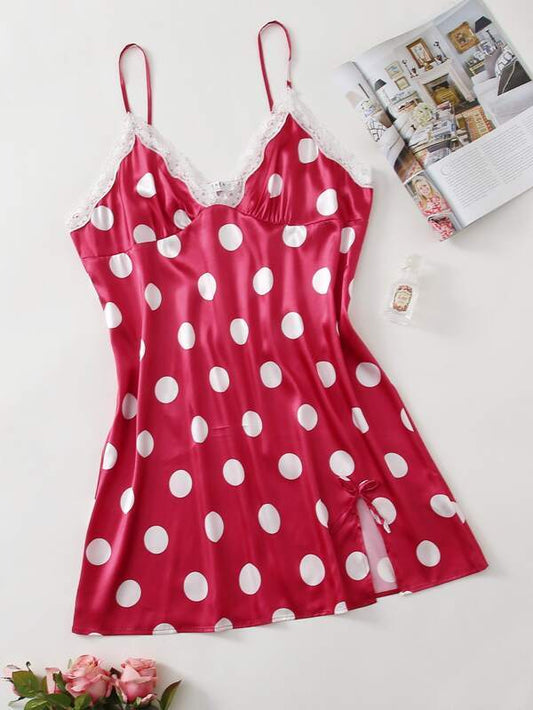 Plus Lace Panel Polka Dot Satin Cami Night Dress - INS | Online Fashion Free Shipping Clothing, Dresses, Tops, Shoes