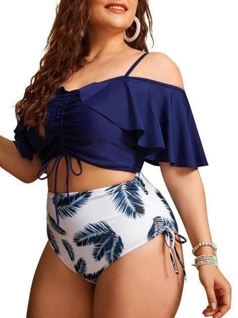 Plus Size Strappy Ruffled Drawstring Two-piece Swimsuit - Plus Swimsuits - INS | Online Fashion Free Shipping Clothing, Dresses, Tops, Shoes - 22/04/2021 - Color_Multicolor - Plus Swimsuits
