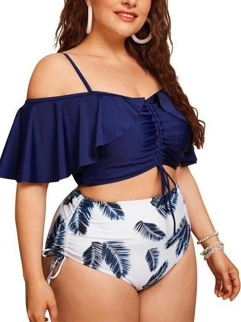 Plus Size Strappy Ruffled Drawstring Two-piece Swimsuit - Plus Swimsuits - INS | Online Fashion Free Shipping Clothing, Dresses, Tops, Shoes - 22/04/2021 - Color_Multicolor - Plus Swimsuits