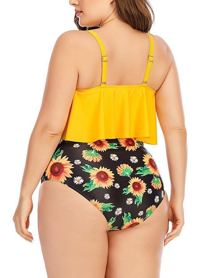 Plus Size Sunflower Printed Swimsuit High Waist Two-piece Swimsuit - Plus Swimsuits - INS | Online Fashion Free Shipping Clothing, Dresses, Tops, Shoes - 22/04/2021 - Color_Black - Color_Yellow