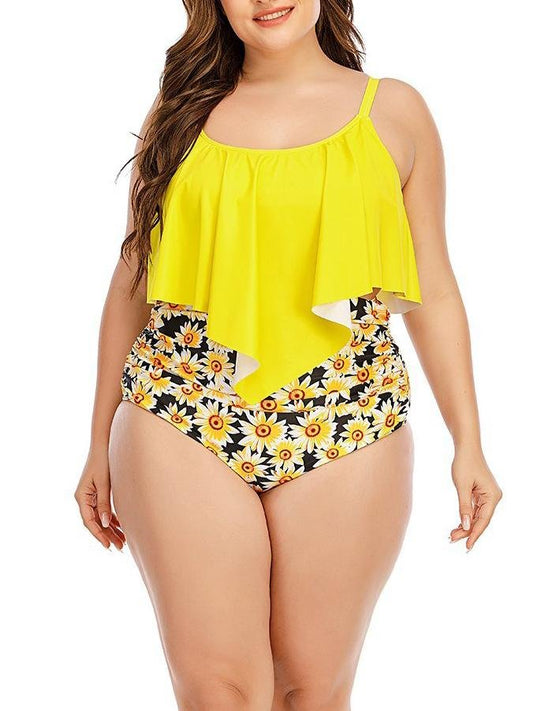 Plus Size Sunflower Printed Swimsuit High Waist Two-piece Swimsuit - Plus Swimsuits - INS | Online Fashion Free Shipping Clothing, Dresses, Tops, Shoes - 22/04/2021 - Color_Black - Color_Yellow