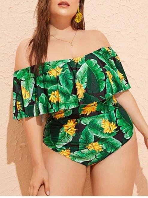 Plus Size Tropical Print Off-shoulder One-piece Swimsuit - Plus Swimsuits - INS | Online Fashion Free Shipping Clothing, Dresses, Tops, Shoes - 22/04/2021 - Color_Green - Plus Swimsuits
