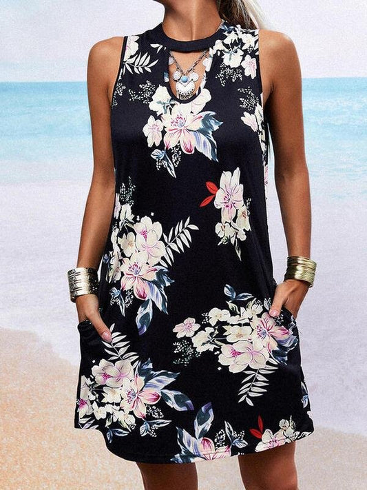 Pocket Print Round Neck Sleeveless Dress - Mini Dresses - INS | Online Fashion Free Shipping Clothing, Dresses, Tops, Shoes - 10/06/2021 - Color_Black - Color_White