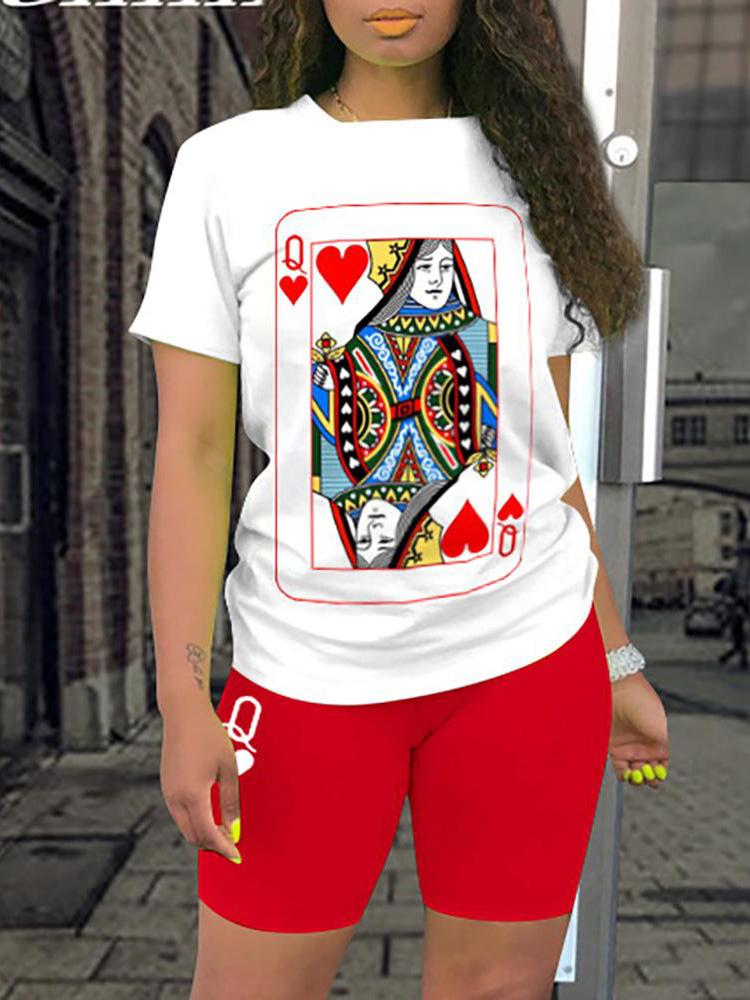 Poker Print Short Sleeve Top & Shorts Set - Two-piece Outfits - INS | Online Fashion Free Shipping Clothing, Dresses, Tops, Shoes - 05/05/2021 - Category_Two-piece Outfits - Color_Red