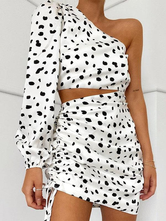Polka Dot Slant Shoulder Fashion Drawstring Dress - Mini Dresses - INS | Online Fashion Free Shipping Clothing, Dresses, Tops, Shoes - 13/07/2021 - 20-30 - color-white