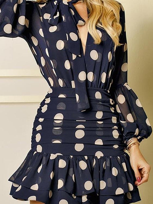 Polka Dot V-Neck Slim Pleated Long Sleeve Dress - Mini Dresses - INS | Online Fashion Free Shipping Clothing, Dresses, Tops, Shoes - 17/06/2021 - 40-50 - Category_Mini Dresses