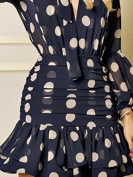 Polka Dot V-Neck Slim Pleated Long Sleeve Dress - Mini Dresses - INS | Online Fashion Free Shipping Clothing, Dresses, Tops, Shoes - 17/06/2021 - 40-50 - Category_Mini Dresses