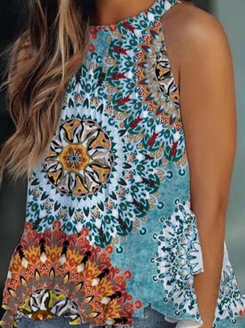 Print Halterneck Sleeveless Pleated Tank Top - Tank Tops - INS | Online Fashion Free Shipping Clothing, Dresses, Tops, Shoes - 05/07/2021 - 20-30 - color-blue