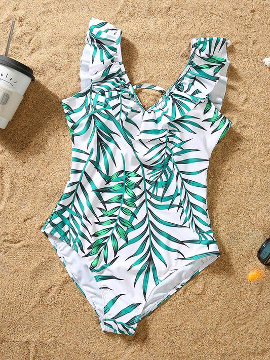 Print V Neck Ruffle One-Piece Swimsuit - Swimsuits - INS | Online Fashion Free Shipping Clothing, Dresses, Tops, Shoes - 06/04/2021 - Beach - Green