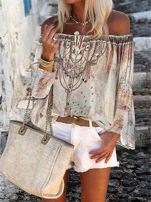 Printed Boat Neck Flare Sleeve Chiffon Blouses - Blouses - INS | Online Fashion Free Shipping Clothing, Dresses, Tops, Shoes - 20-30 - 30/07/2021 - BLO2107301289