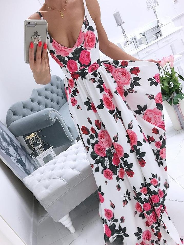 Printed Deep V-Neck Sleeveless Slit Dress - Maxi Dresses - INS | Online Fashion Free Shipping Clothing, Dresses, Tops, Shoes - 06/07/2021 - 30-40 - Category_Maxi Dresses