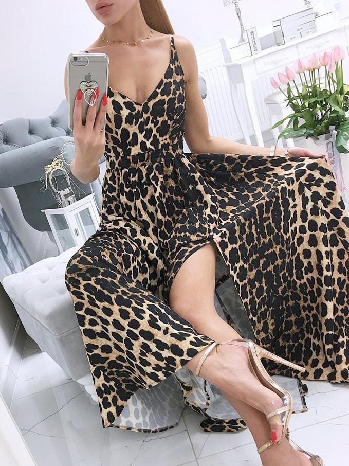 Printed Deep V-Neck Sleeveless Slit Dress - Maxi Dresses - INS | Online Fashion Free Shipping Clothing, Dresses, Tops, Shoes - 06/07/2021 - 30-40 - Category_Maxi Dresses