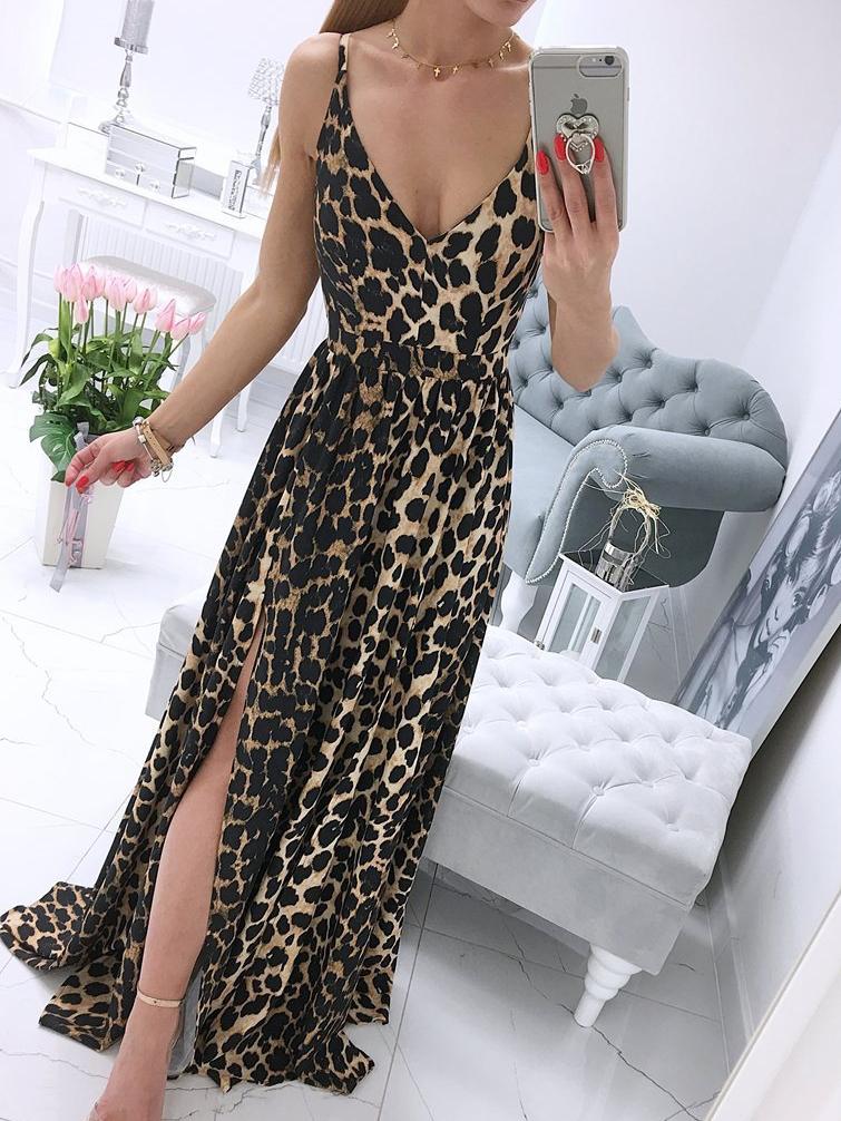 Printed Deep V-Neck Sleeveless Slit Dress - Maxi Dresses - INS | Online Fashion Free Shipping Clothing, Dresses, Tops, Shoes - 06/07/2021 - 30-40 - Category_Maxi Dresses