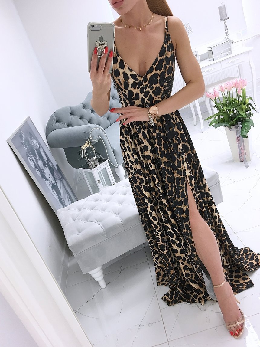 Printed Deep V-Neck Sleeveless Slit Dress - Maxi Dresses - INS | Online Fashion Free Shipping Clothing, Dresses, Tops, Shoes - 06/07/2021 - 30-40 - Category_Maxi Dresses