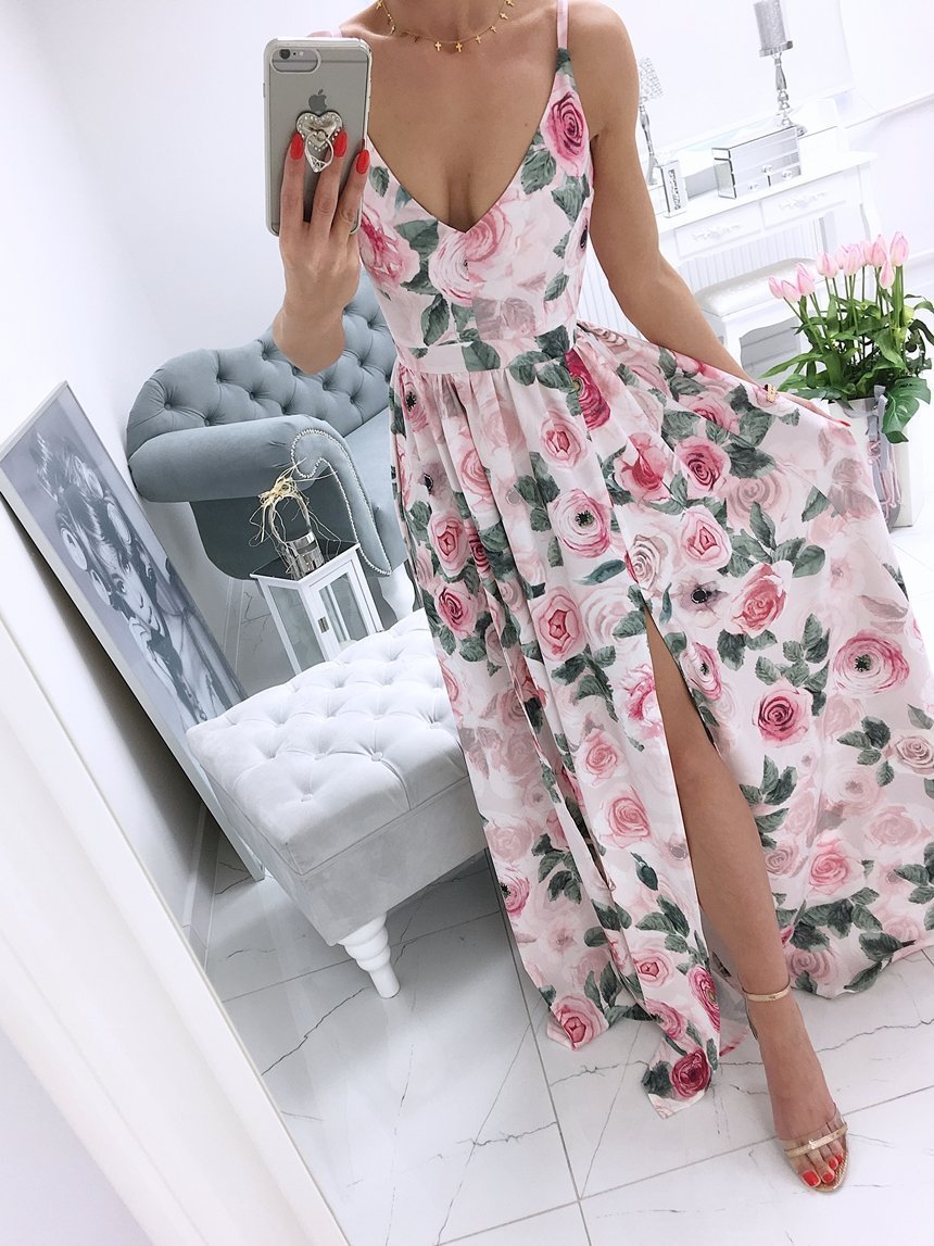 Printed Deep V-Neck Sleeveless Slit Dress - Maxi Dresses - INS | Online Fashion Free Shipping Clothing, Dresses, Tops, Shoes - 06/07/2021 - 30-40 - Category_Maxi Dresses