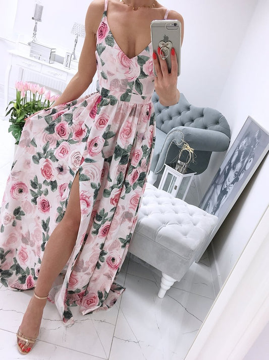 Printed Deep V-Neck Sleeveless Slit Dress - Maxi Dresses - INS | Online Fashion Free Shipping Clothing, Dresses, Tops, Shoes - 06/07/2021 - 30-40 - Category_Maxi Dresses