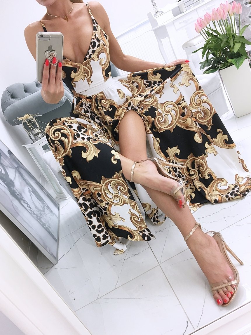Printed Deep V-Neck Sleeveless Slit Dress - Maxi Dresses - INS | Online Fashion Free Shipping Clothing, Dresses, Tops, Shoes - 06/07/2021 - 30-40 - Category_Maxi Dresses