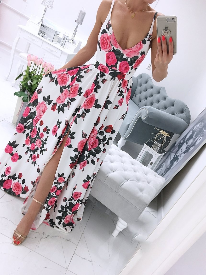 Printed Deep V-Neck Sleeveless Slit Dress - Maxi Dresses - INS | Online Fashion Free Shipping Clothing, Dresses, Tops, Shoes - 06/07/2021 - 30-40 - Category_Maxi Dresses