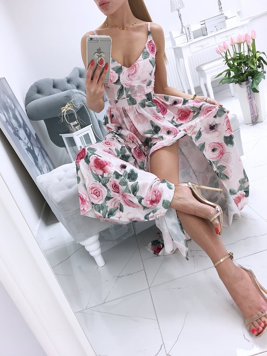 Printed Deep V-Neck Sleeveless Slit Dress - Maxi Dresses - INS | Online Fashion Free Shipping Clothing, Dresses, Tops, Shoes - 06/07/2021 - 30-40 - Category_Maxi Dresses