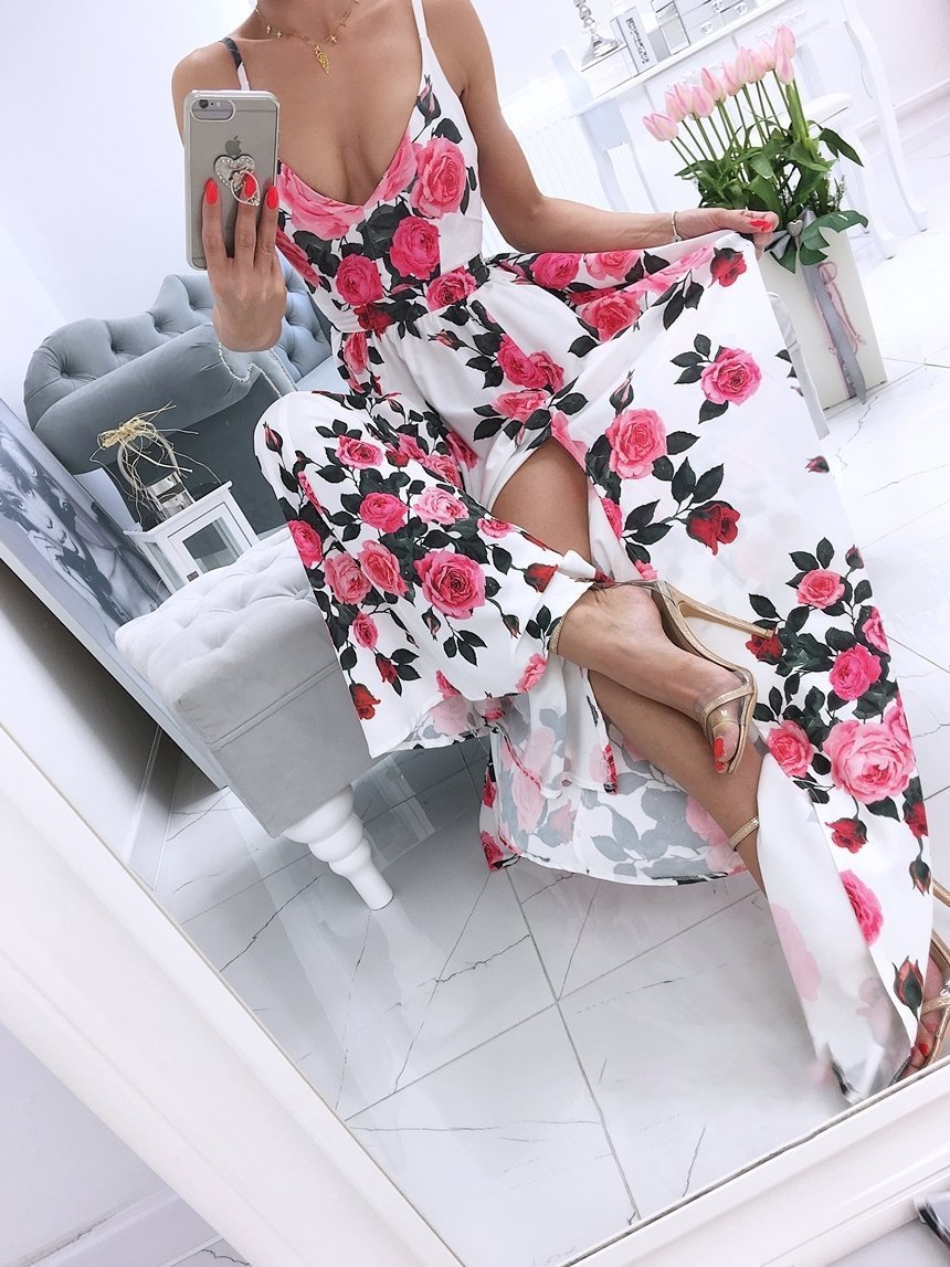 Printed Deep V-Neck Sleeveless Slit Dress - Maxi Dresses - INS | Online Fashion Free Shipping Clothing, Dresses, Tops, Shoes - 06/07/2021 - 30-40 - Category_Maxi Dresses