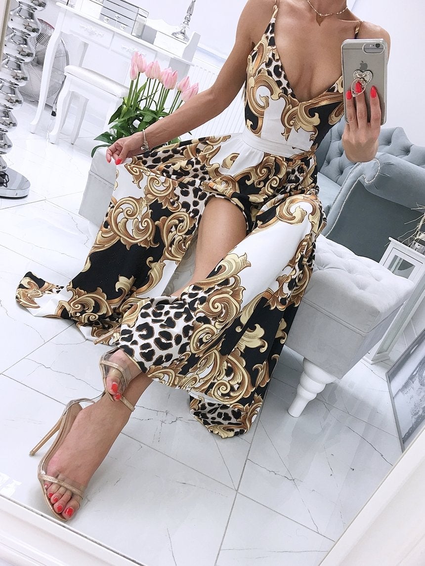Printed Deep V-Neck Sleeveless Slit Dress - Maxi Dresses - INS | Online Fashion Free Shipping Clothing, Dresses, Tops, Shoes - 06/07/2021 - 30-40 - Category_Maxi Dresses