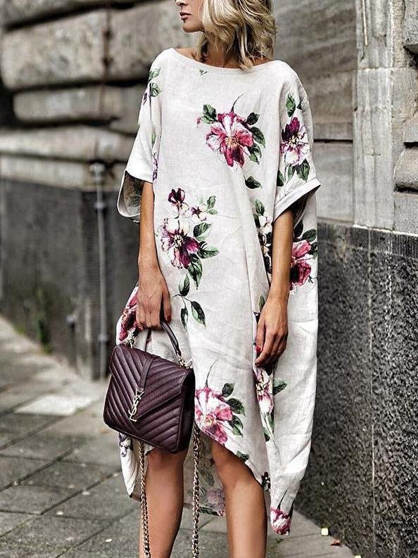 Printed Floral Irregular Hem Loose Dress - Midi Dresses - INS | Online Fashion Free Shipping Clothing, Dresses, Tops, Shoes - 20-30 - 30/07/2021 - Category_Midi Dresses