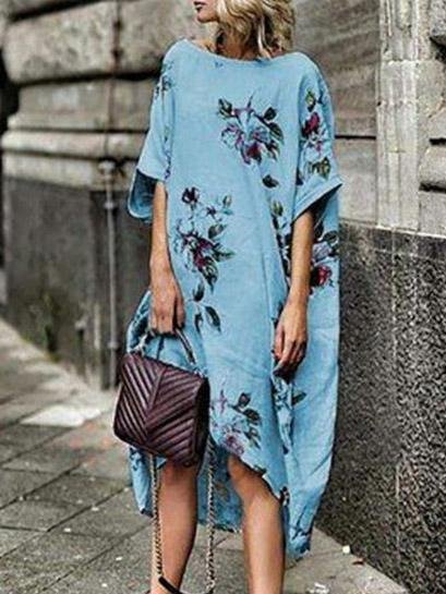 Printed Floral Irregular Hem Loose Dress - Midi Dresses - INS | Online Fashion Free Shipping Clothing, Dresses, Tops, Shoes - 20-30 - 30/07/2021 - Category_Midi Dresses