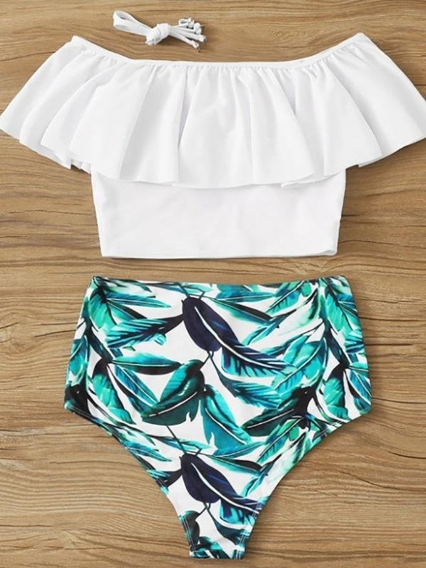 Printed High Waist Ruffle Off Shoulder Bikini Two Piece Swimsuit - Swimsuits - INS | Online Fashion Free Shipping Clothing, Dresses, Tops, Shoes - 14/04/2021 - Colour_White - Pre-sale