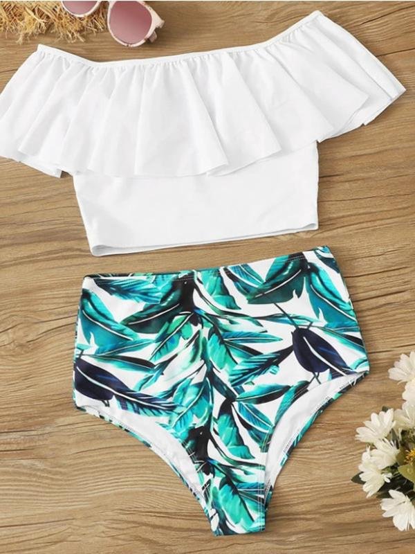 Printed High Waist Ruffle Off Shoulder Bikini Two Piece Swimsuit - Swimsuits - INS | Online Fashion Free Shipping Clothing, Dresses, Tops, Shoes - 14/04/2021 - Colour_White - Pre-sale