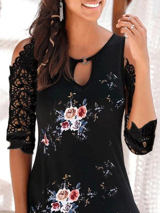 Printed Lace Stitching Short Sleeve Dress - Mini Dresses - INS | Online Fashion Free Shipping Clothing, Dresses, Tops, Shoes - 10/06/2021 - Category_Mini Dresses - Color_Black